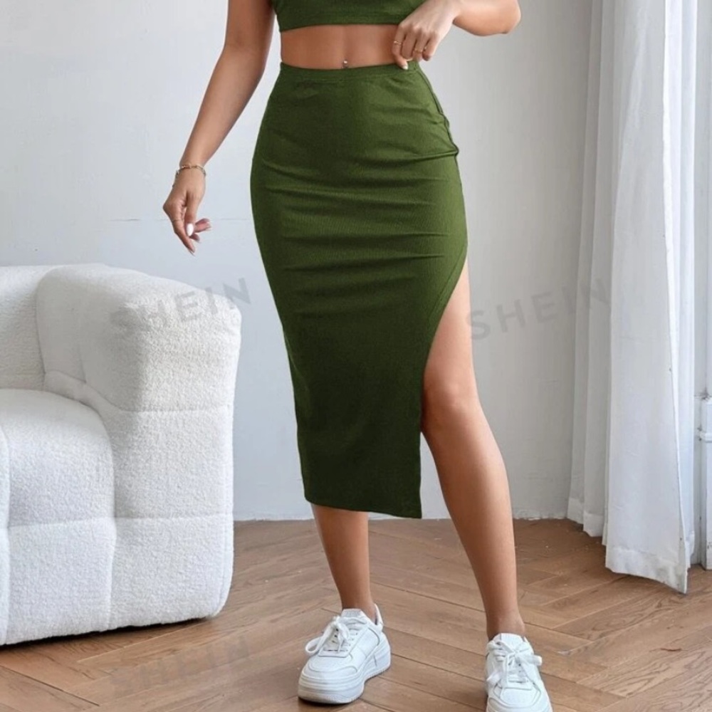 SHEIN olive green high slit midi skirt